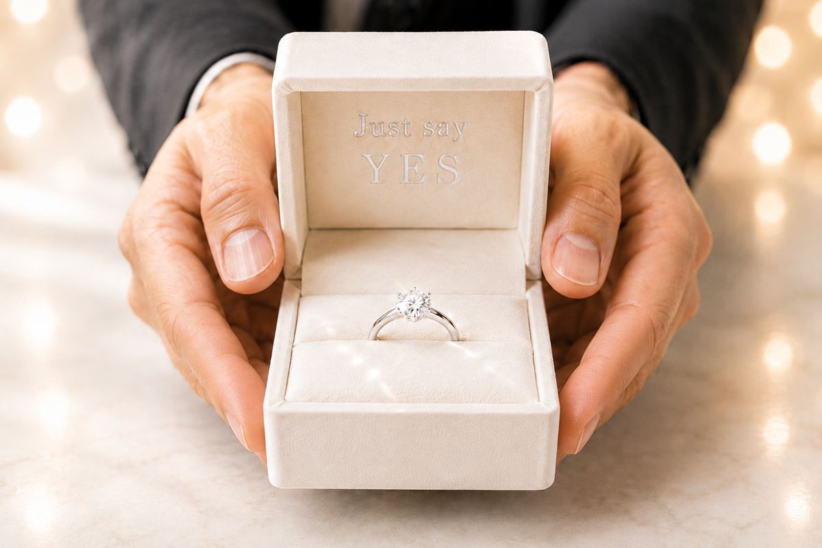 「Just say YES」のサプライズケースを両手で差し出す