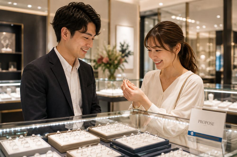 ショーケースに並ぶ婚約指輪を手に取って見るふたり