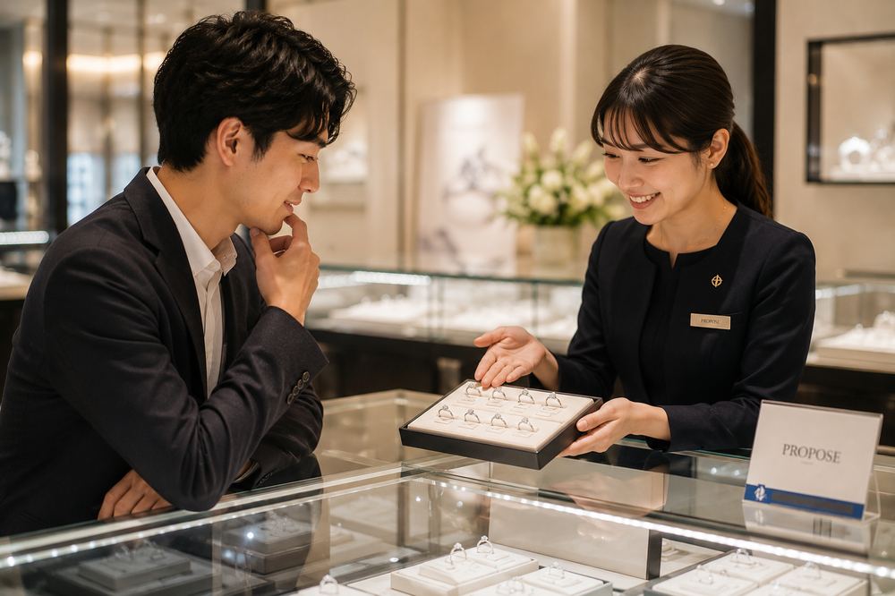 スタッフが男性のお客様に婚約指輪のトレーを見せて説明している様子