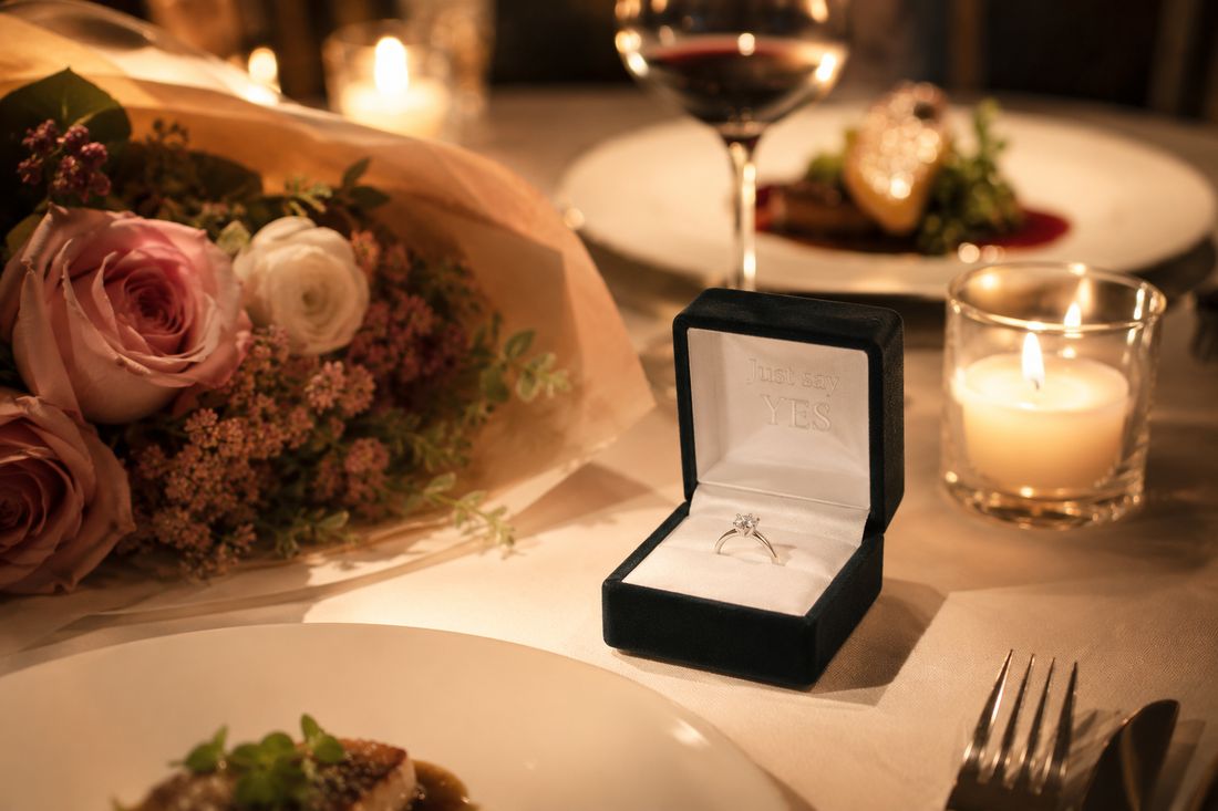 レストランのテーブルに置かれた花束と「Just say YES」のリングケース