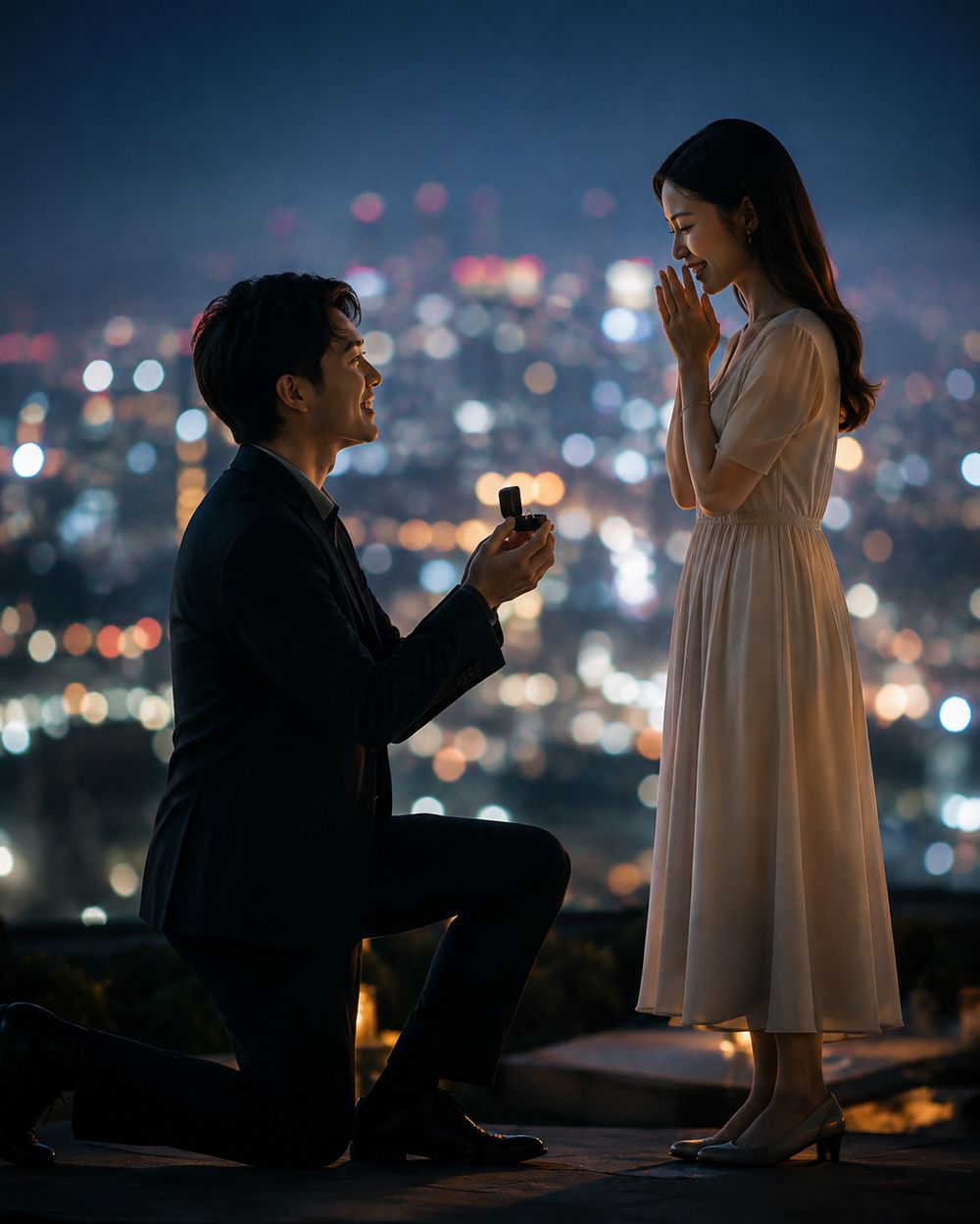 夜景を背に婚約指輪を差し出してプロポーズする男性