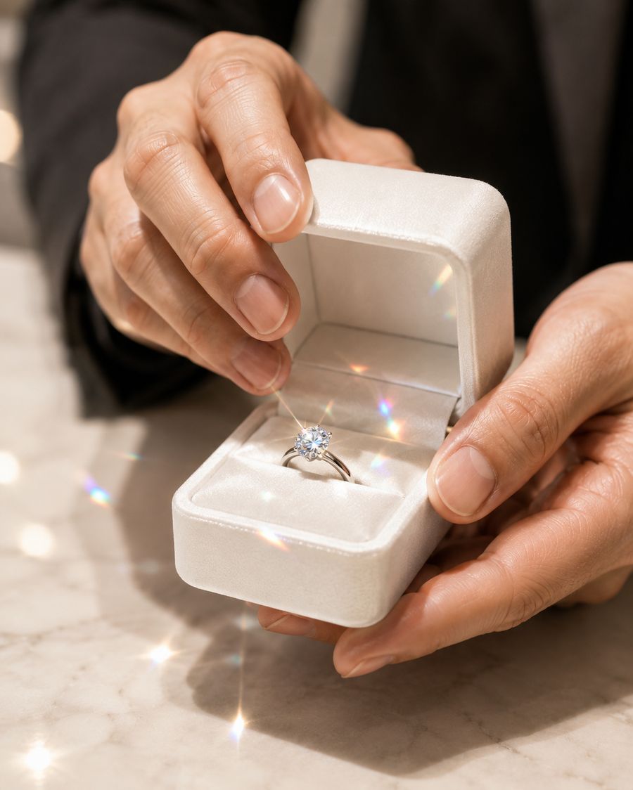 リングケースを開いて婚約指輪を確かめる手元
