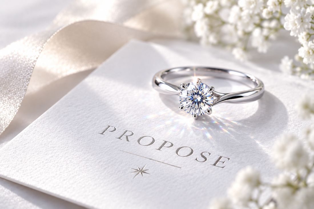 PROPOSEのカードの上に置かれた一粒ダイヤモンドの婚約指輪