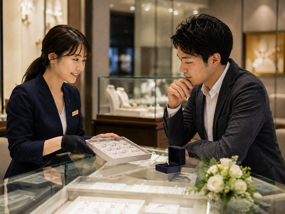 カウンターでスタッフが婚約指輪のトレーを差し出し、男性のお客様が見比べている様子