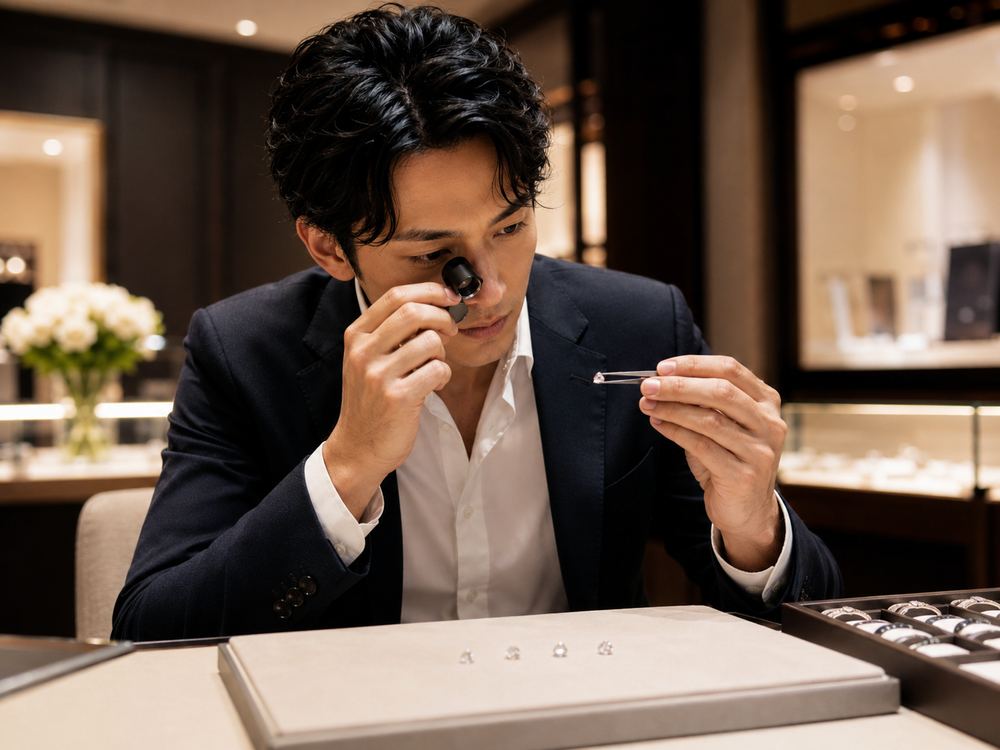 ルーペとピンセットでダイヤモンドを確かめる男性のお客様