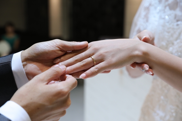ゴールドの結婚指輪をはめる手のイメージ写真