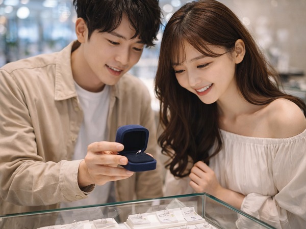 指輪選びをしているカップル