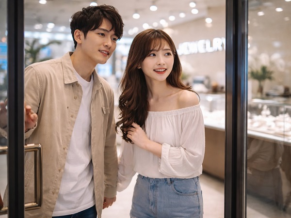 勇気を出してジュエリーショップに入るカップル